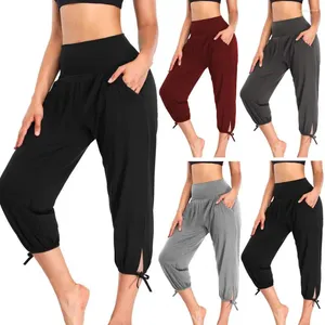 Damenhose, figurschmeichelnde Hose mit hoher Taille, stilvolle Yogahose mit Taschen, einfarbig, kurz geschnitten, Sport für Freizeit