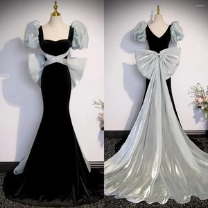 Party Dresses Evening Dress Black Velvet Square Collar Gray Short Puffy Sleeves Mermaid Trumpet Floor Length Plus Size Women Formal Gown