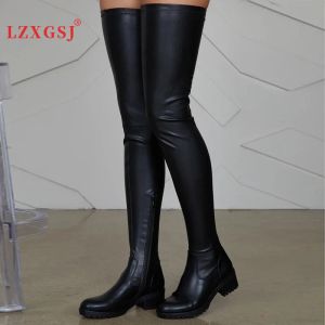 Boots 2024 New Winter Black Big Size 47 Thigh High Boots Pu Leather Low Heel Over The Knee Boots Ladies Comfortable Shoes Women Boots