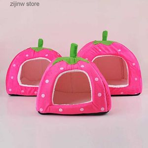 kennels pens Soft Cat House Foldable Leopard Strawberry Shaped Cute Dog Bed Warm Dog Bed Cute Pet Cat and Dog Hole Y240322