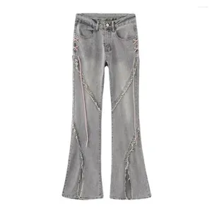 Женские джинсы Джинсовые брюки с высокой талией, расклешенный подол, рваный ремешок, декор в стиле пэчворк, уличная одежда