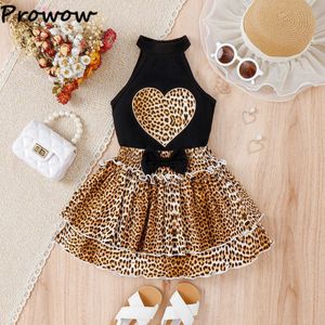 Prowow Set di gonne per bambini per ragazze Halter Heart Top e gonna torta con volant Leopard Abbigliamento per bambini Set di abiti estivi per ragazze 240319