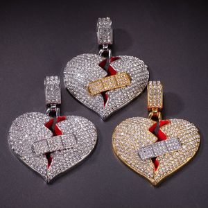 New Mens Heart Pendant Necklace Iced Out Heart Pendant Necklace Fashion Broken Heart Bandage Necklace Jewelry329E