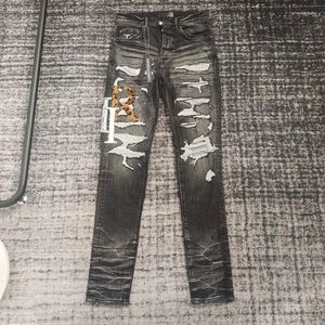 Jeans da uomo Euramerican Fashion Jean Leopard Stampa Lettera Ricamo Pantaloni in denim Pantaloni a matita strappati slim elasticizzati maschili di alta qualità