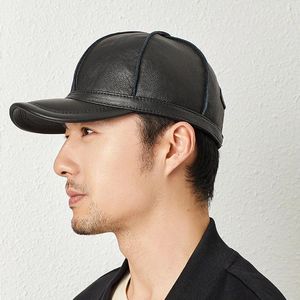 Ball Caps Men's Baseball Top Quality Cowhide Real Leather Warm Hat Men Autumn Winter Thermal Adjustable Black/Brown