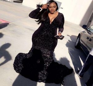 Artı Boy Balo Elbiseleri Denizkızı Siyah Dantel Daldırma V Boyun Uzun Kollu 3D Çiçekler Afrikalı Siyah Kız Elbiseleri2732438