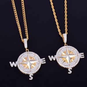 Ожерелье в форме компаса, подвески золотого, серебряного цвета, кубический циркон со льдом, мужские ювелирные изделия в стиле хип-хоп с веревкой Chain263V