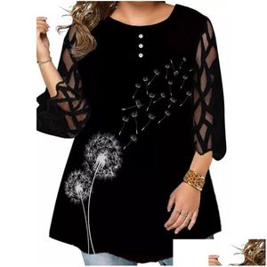 Womens Plus Size T-Shirt Blouse Women 2022 Autumn Three Quarter Mesh Sleeve Printed Elegant Tunic Tops Loose Oversized Ladies Shirt Dr Otbut