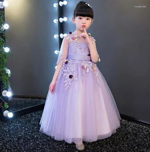 Girl Dresses 1-14Y Christmas Violet Lace Girls Wedding Dress Flower Bead Half Sleeve Prom Formal First Communion Gown