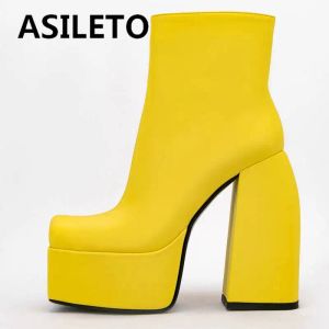 Stövlar Asileto Kvinnor Mid Calf Boots Square Toe Chunky Heels Zipper Platform Plus Size 3445 Solid Green Yellow Fashion Shoes S3978