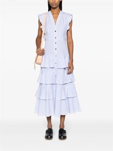 2024 Spring Summer Sandro Designer Stripes Midi Dress V-Dredk Single Breasteed Ruffles Bez rękawów żeńska szata A-line