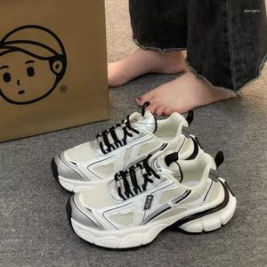 Casual skor chunky sneakers kvinnor äkta läder mesh lapptäck rund tå snörning tjock sula damer handgjorda zapatos de mujer tenis