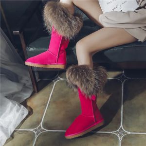 Botas G Zaco Natural Fox Fur Boots Women Women Genuine Cow Suede Couro Botas de Couro Inverno Black Midcalf Botas Raccoon Botas planas