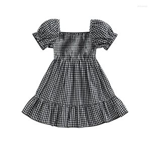 Vestidos da menina da criança do bebê verão vestido casual manga curta puff a linha xadrez elástico roupa conjunto pulôver