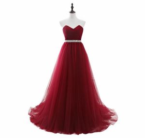 Abiti da ballo lunghi economici in tulle bordeaux con cintura in rilievo con paillettes Abiti da sera con corsetto senza spalline Con lacci sul retro Festa formale senior Dre6655515