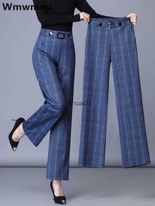 Kvinnors jeans pläd kontor raka byxor kvinnor stora 4xl koreanska avslappnade väska byxor hög midja formella breda benbyxor nya spodniel2403