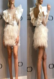 2020 Ivory Short Prom Dresses Jewel Neck A Line Crystal Feather Cocktail Party Dress Custom