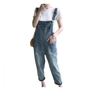 Kvinnors jeans byxor avslappnade byxor kvinnor fickor denim löst jumpsuits sommaröverträdelser linne spänning övergripande dungarees nionde