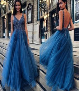 Shinny Blue Pärlad prom Evening Dress 2019 V Neck Formal Party Ball Gown Aline Pageant Dresses Custom Made6185161