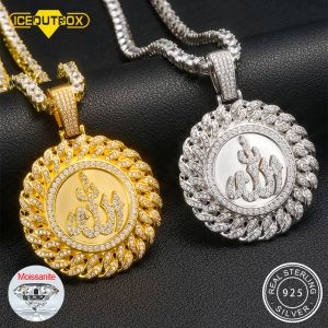 Halsband religion moissanite allah runda hängen halsband för kvinnor män smycken 925 sterling silver katolsk parti hip hop fina smycken