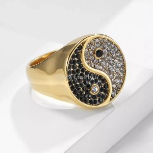 Diamond Retro Gold Balance Yinyang Black White Chunky Ring for Men Stainless Steel Finger Taiji Rings Fashion Jewelry