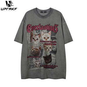 Men's T-Shirts UPRAKF Kawaii T-shirt Cute Cat Print Graphic Dark Gothic T-shirt Loose Street Lazy Ultra Fine Short Sleeves 90s Retro Dress J240322