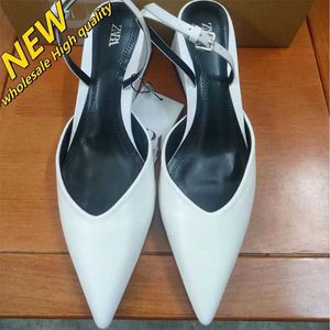 Cheap Store 90% Off Wholesale Sandals Za2024 Summer New Womens Shoes White Sheepskin Leather Coarse Heels Headband Pointed Back Strap High