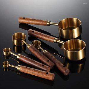 Measuring Tools Stainless Steel Titanium Plated Golden Acacia Wood Spoon Cup Kitchen Baking Tool Tea Seven Piece Set