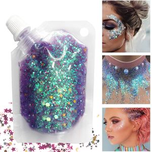 Gel glitter per il corpo in borsa per viso, corpo e capelli, grado cosmetico olografico, glamour, glitter grossi, trucco, festival, rave, concerti di Halloween, accessori per le donne