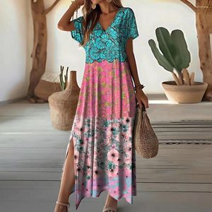 Casual Dresses Women's Split V Neck Long Dress Vintage Color Block Tribal Print Maxi Streetwear Holiday Short Sleeve