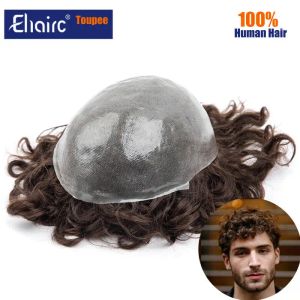 Toupees toupees kıvırcık erkek saç protezi 0.08mm düğümlü dayanıklı pu taban toupee erkekler için dayanıklı erkekler% 100 Hint saç sistemi ünitesi erkekler