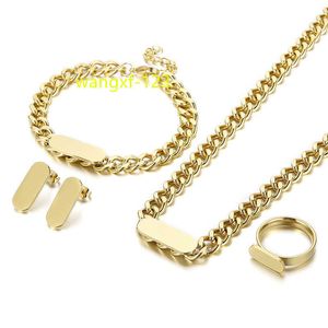 Nova moda 18k banhado a ouro aço inoxidável corrente cubana feminino colar pulseira brinco anel quatro peças conjunto de joias