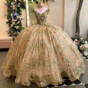 Işıltılı şampanya altın balo elbisesi quinceanera elbise 2024 omuz aplike boncuk doğum günü partisi tatlı vestidos de 15 anos