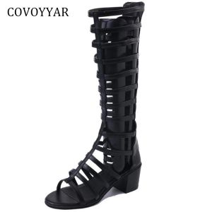 Sandaler Covoyyar 2023 Gladiator Sandaler Kvinnor Summer Square Heel Kne High Boots Open Toe Back Zip Woman Black Shoes WSS963