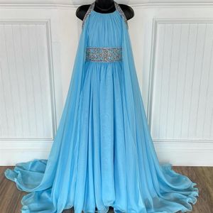 Vestidos de concurso azul-celeste para crianças infantis adolescentes 2021 com capa Ritzee Roise A-Line Chiffon longo menina formal vestidos de festa com zíper nas costas cristais de miçangas 297a