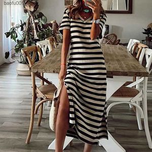 Basic Casual Dresses Summer Dress 2023 Womens Plus Size Womens Casual Stripe Print V-neck Short Sleeve Loose Long Dress Womens Robe Q240322