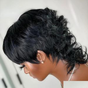 Mänskligt hår CAPLESS peruker Kort lockigt pixie klippt peruk peruansk remy för svarta kvinnor 150% Glueless Hine Made Drop Delivery Products Dhdae