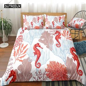 Sängkläder sätter sjöhäst Set Ocean Animal Däcke Cover Underwater World Orange Coral Marine Life Sea Urchin Soft Women Kid Bedroom Decor