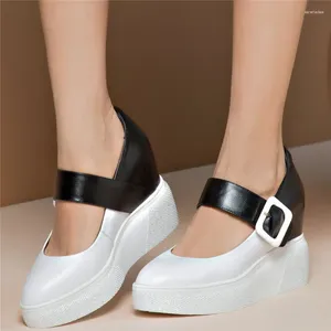 Dress Shoes Ankle Strap Mary Janes Women Genuine Leather Wedges High Heel Pumps Female Platform Oxfords Casual Trainers