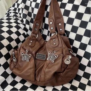 Drawstring MBTI Brown Y2k Womens Shoulder Bag Vintage Fashion Soft Pu Leather Gothic Tote Punk Harajuku Casual Large Capacity Handbag