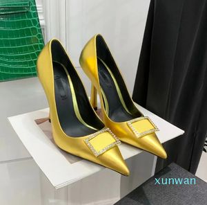 Dekoracja ozdób metalowych buty na wysokim obcasie spiczaste palce 105 mm złota metalowa cielę sukienka buty wieczorne impreza ślubna obcasy palców palców