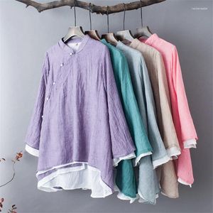 Ethnic Clothing Chinese Style Modern Hanfu Shirt Women Long Sleeve Mandarin Collar Blouse Double Layered Cotton Linen Casual Loose Tops