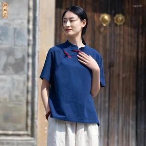 Roupas étnicas 2024 algodão linho verão confortável camiseta feminina retro tradicional chinês femal top solto hanfu tang terno