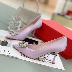 Dress Shoes Casual Designer Fashion Women Lady Purple Satin Genuine Leather Pointy Toe Crystal Strass High Heels Stiletto Prom Evening