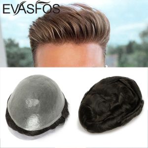 Toupees Knots Skin Pu Toupee Men Hair Hair Hairpieces V Frente natural em loop 0,06mm Sistema de substituição Pu