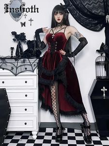 Insgoth vestido de festa gótico hi baixo swing, vestido vintage de renda goth, cintura elástica, plissado, bodycon, vestidos 240314