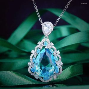 Pingentes kofsac luxo brilhante cristal mar azul gotas de água pingente colar feminino alta qualidade 925 prata esterlina colares jóias
