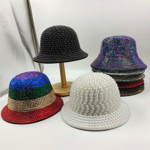 White Rhinestone Pearl Bucket Fedoras Jazz Hats for Men and Women Handmade Advanced Fashion Outdoor Stage Hat 2023 New