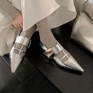 SURET Buty srebrne skórki spiczasty palec puste pięta blokowe metalowa klamra T-strap o niskim poziomie dojeżdżającym dużym rozmiarem kobiet zapato de tacon