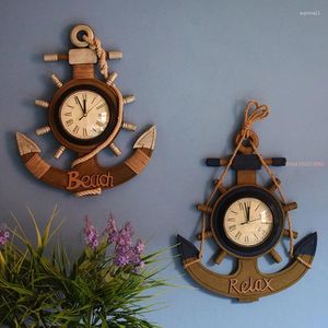 Duvar Saatleri Akdeniz Retro Stil Çapa Saati Ahşap Dümenler Yaratıcı Sessiz Asma Kahve Bar Ev Dekorasyonları
